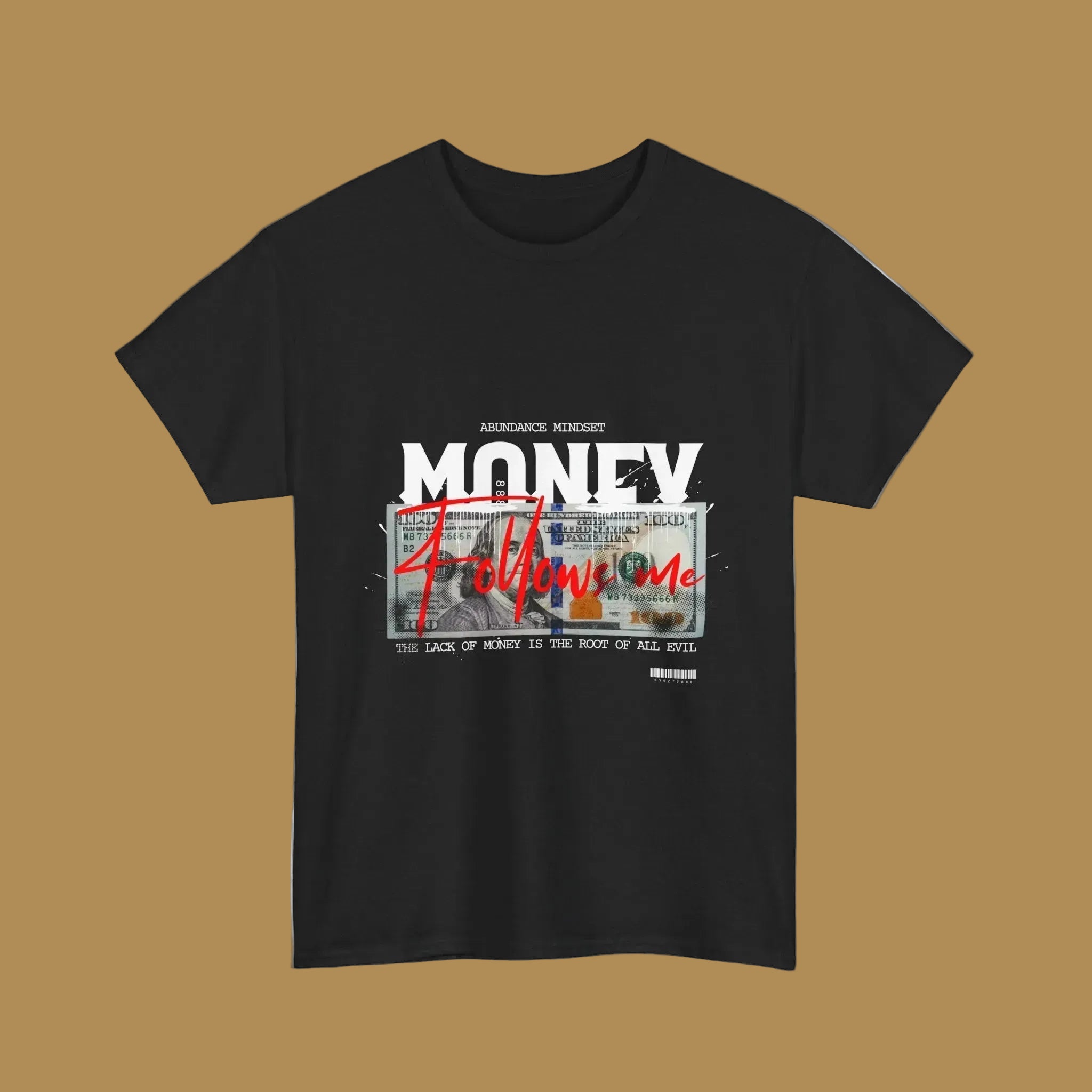Black t-shirt with money-themed graphic and text on a brown background